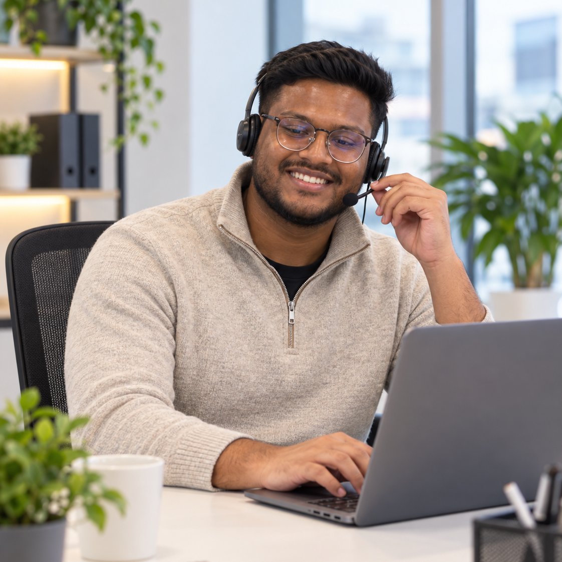A Cloud & More support engineer on a headset, answering a customer call