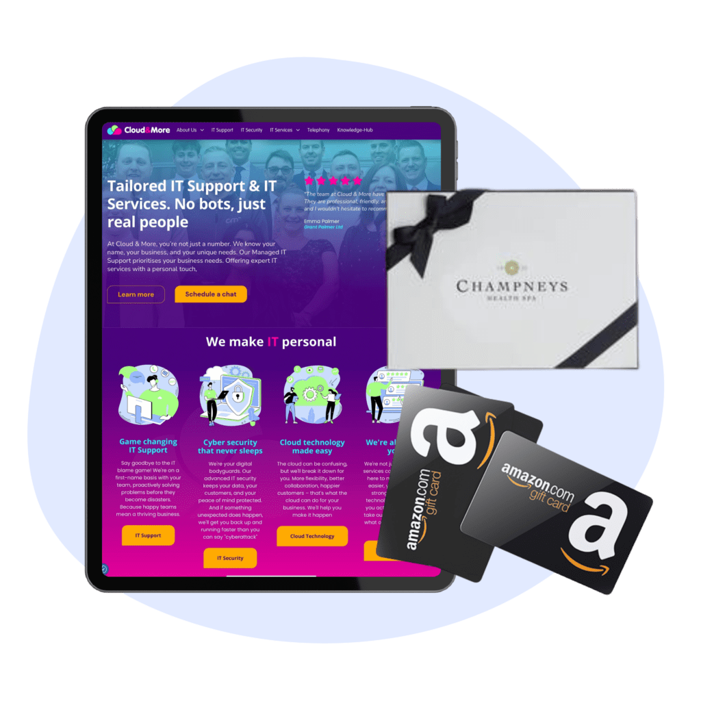 Referral rewards — an Apple iPad, a £350 Amazon voucher or a £350 Champneys voucher