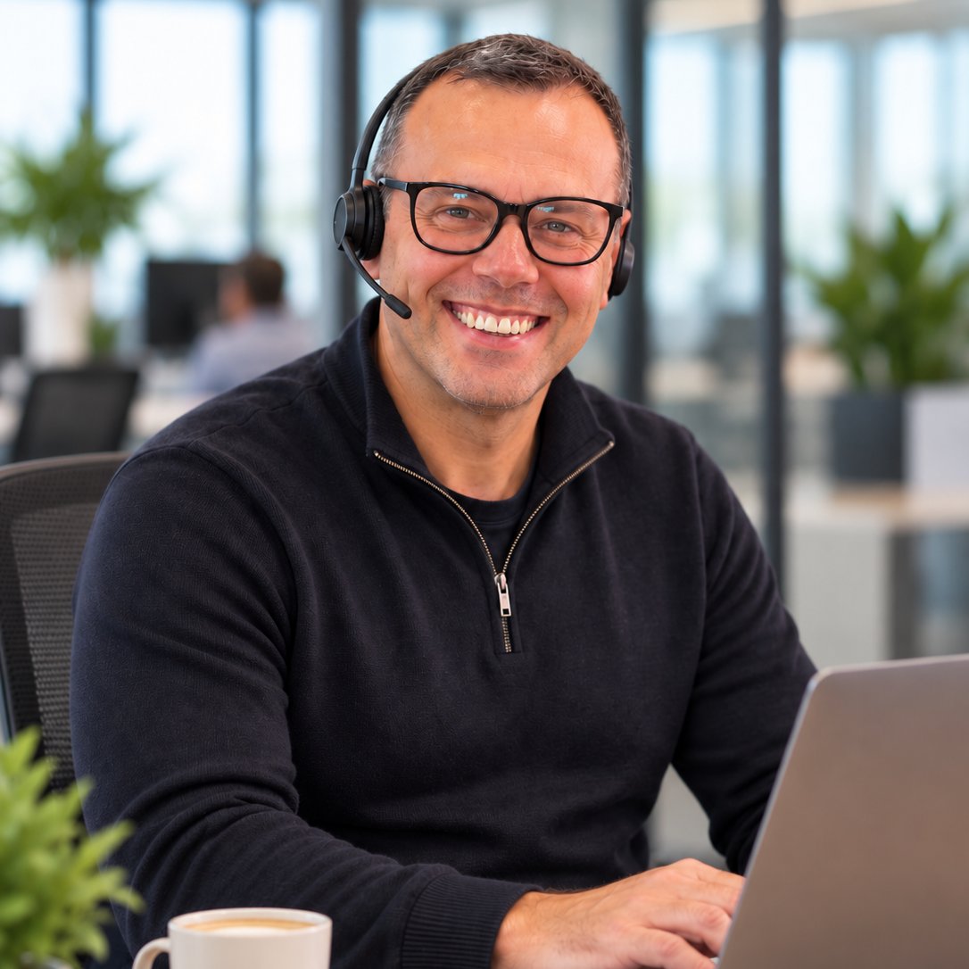 A Cloud & More engineer on a headset, smiling at his desk