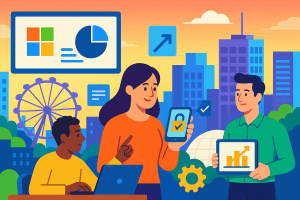 Illustration of professionals using modern tech tools like Microsoft 365 and AI to work smarter in 2025