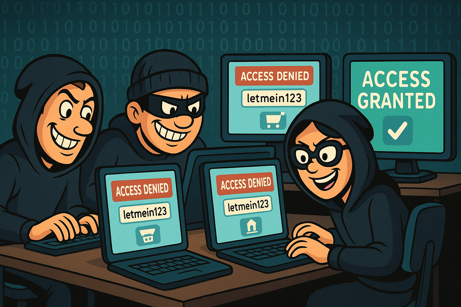 Cartoon hackers using the same password to access multiple websites, one showing “Access Granted”