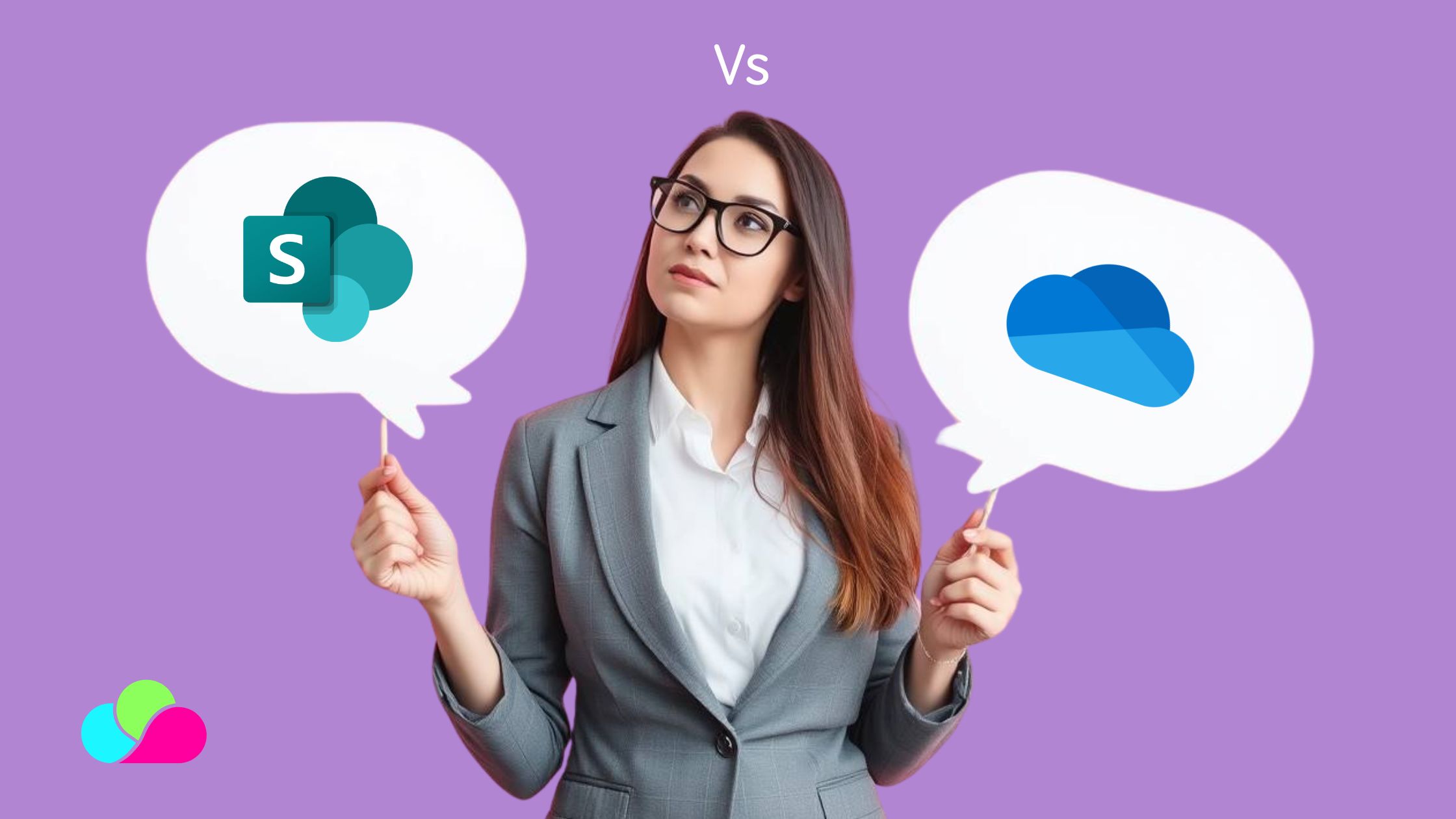 woman holding two speech bubbles, one contains the sharepoint logo and the other the onedrive logo