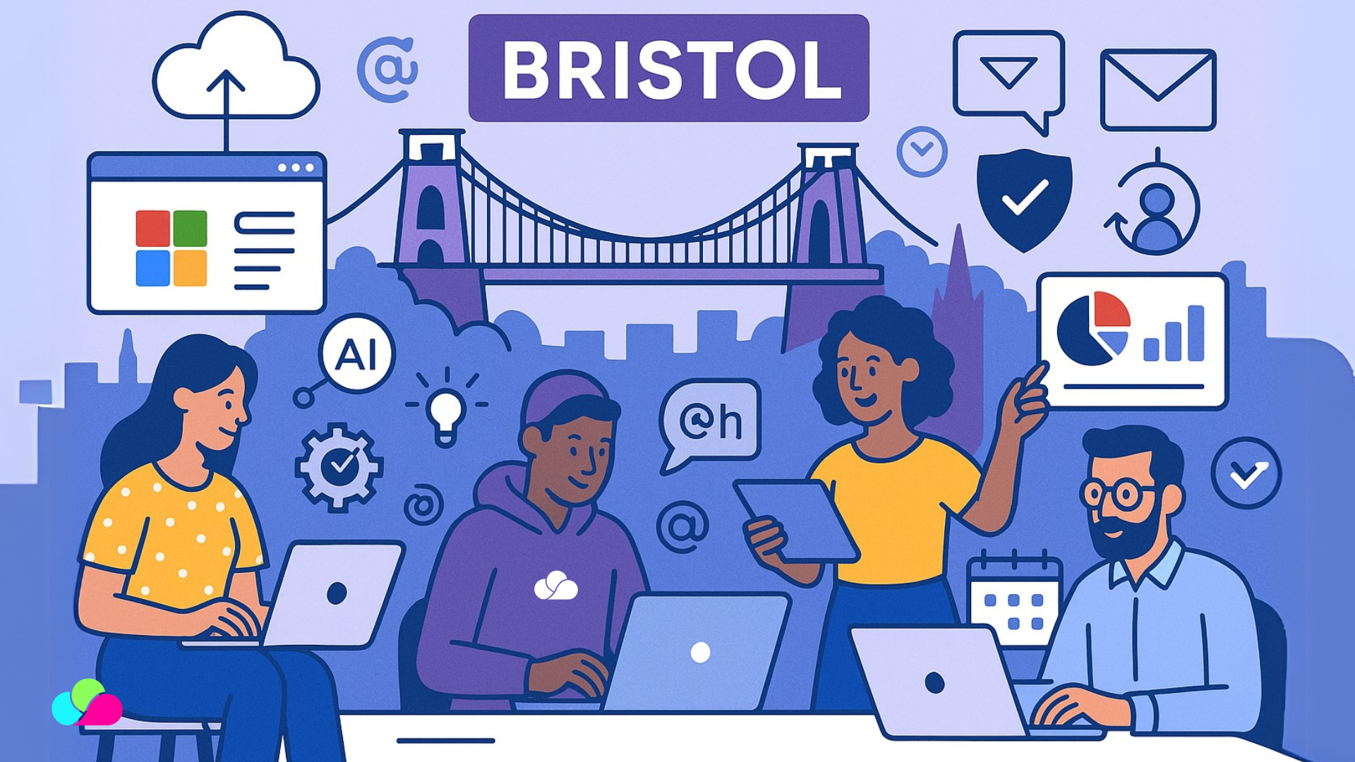 Flat-style illustration of Bristol business professionals using cloud tools and AI, with Clifton Suspension Bridge in the background