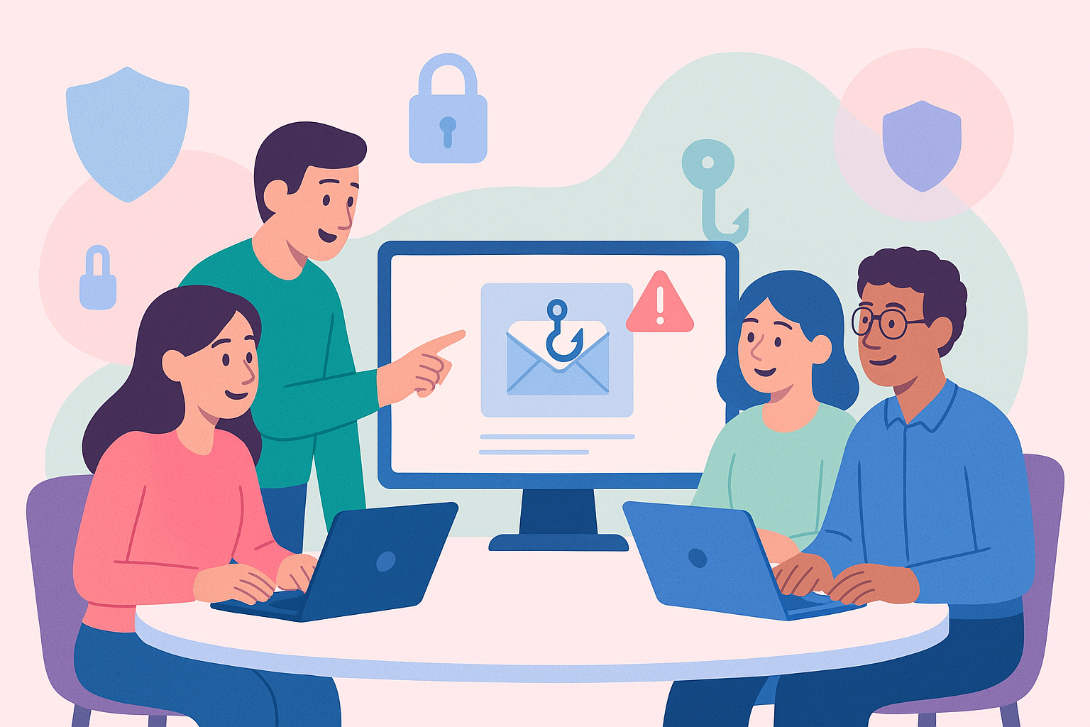 Illustrated banner of a small office team gathered around a screen, reviewing a phishing email during cyber security training. Characters are friendly and engaged, with digital icons like a padlock, hook, and shield in the background.