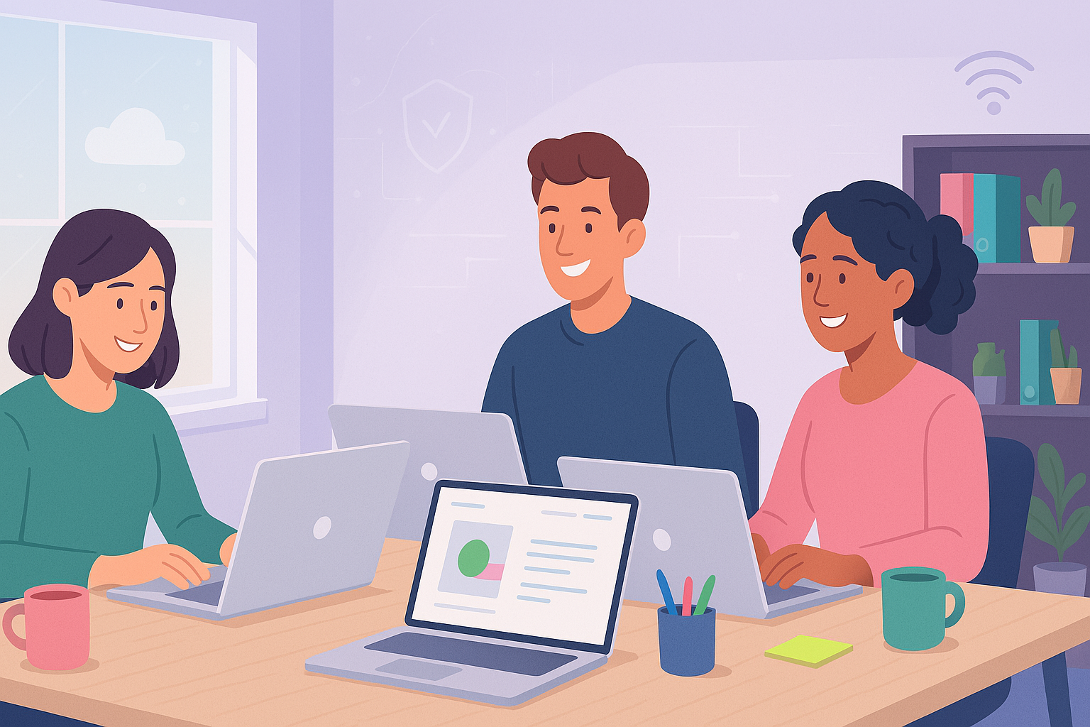 Modern IT support team working together in a bright office with Cloud & More branding on a white mug, showcasing friendly and proactive IT services.