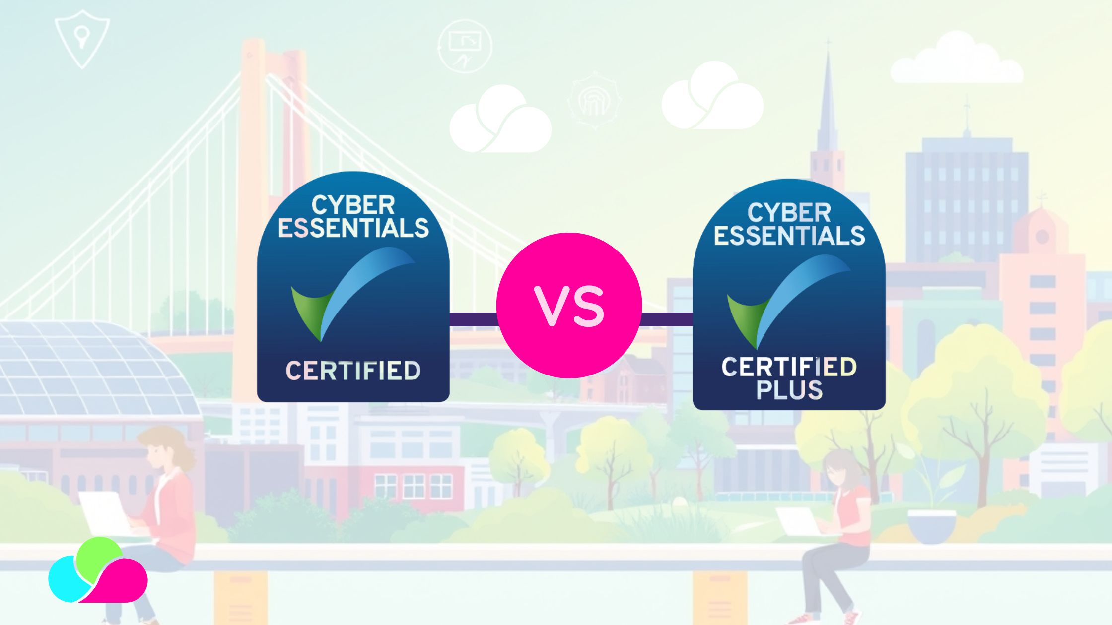 Cyber Essentials vs Cyber Essentials Plus certification badges for Bristol businesses, shown side-by-side with a city backdrop and Cloud & More branding.