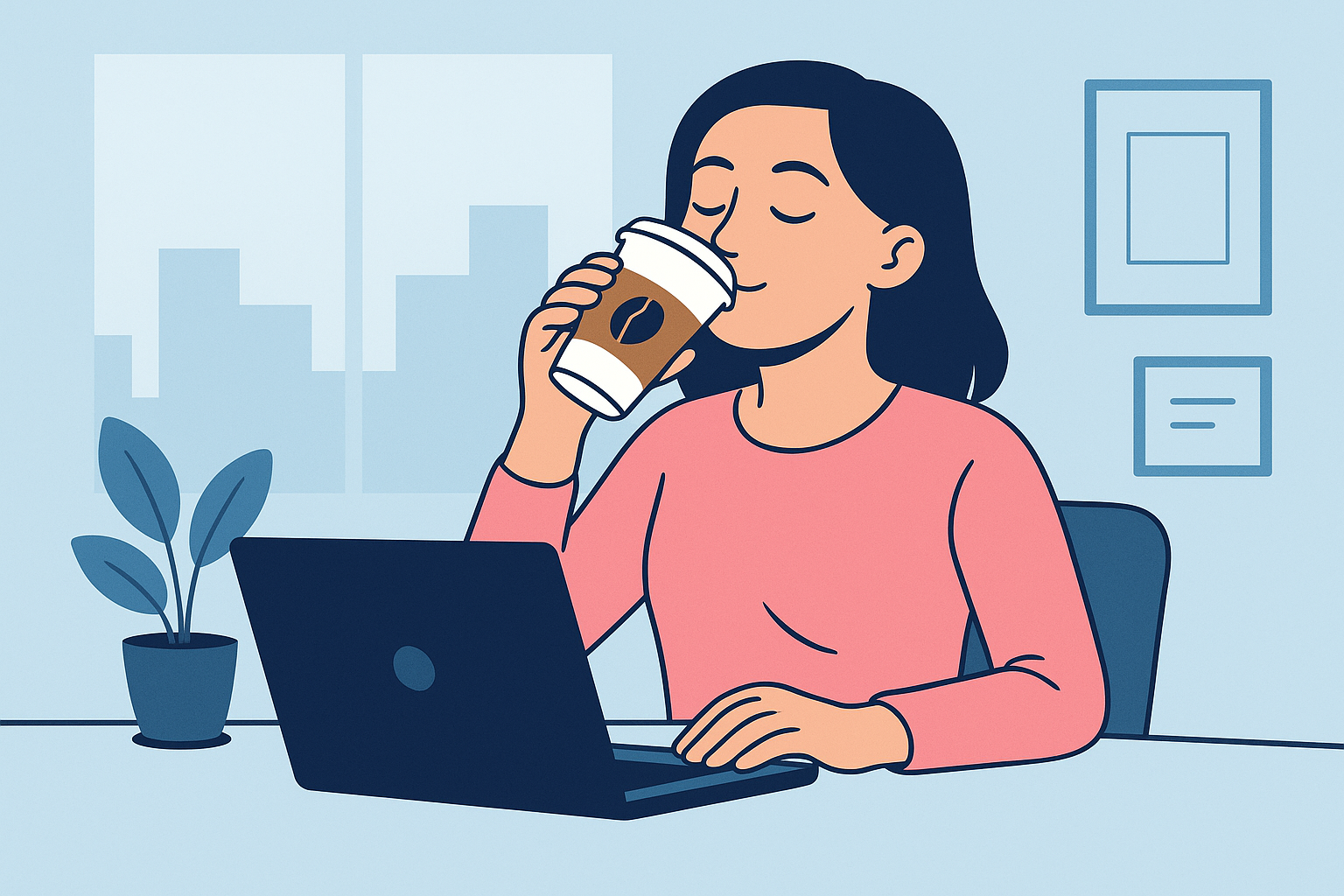 PC / Laptop Protection (EDR) 8 Person drinking coffee while working at a desk, calm and focused thanks to reliable IT support and cyber security for business