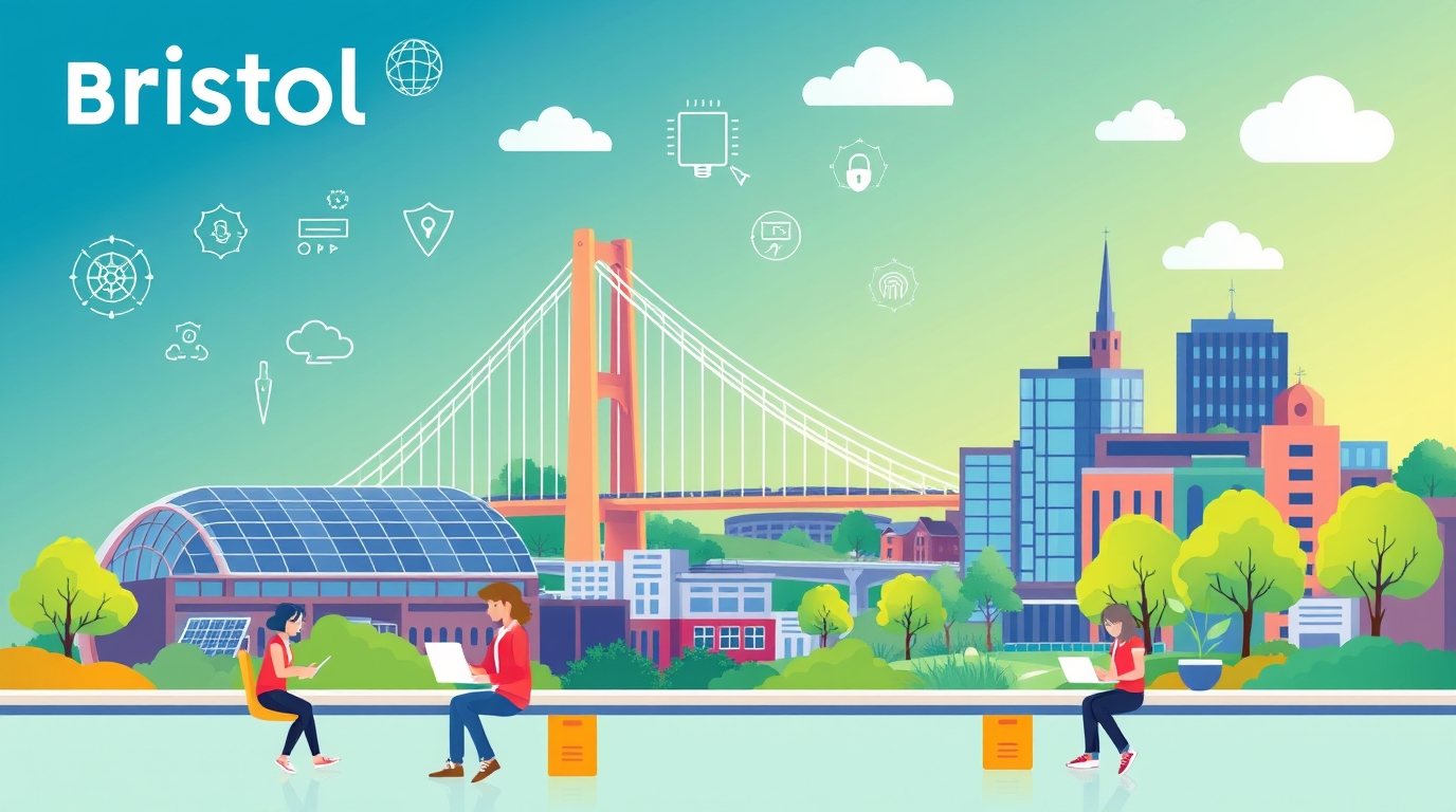 Vibrant modern illustration of Bristol's cityscape showcasing technology and innovation, featuring the Clifton Suspension Bridge, a contemporary office, people with laptops and tablets, and sustainability elements like solar panels.