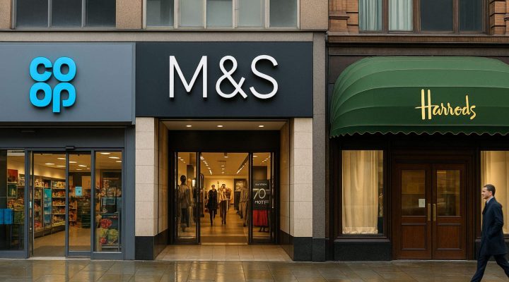 Exterior view of Co-op, Marks & Spencer, and Harrods storefronts in the UK, representing recent 2025 retail cyberattacks