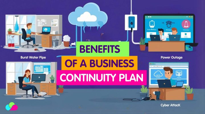 An illustrated image showcasing the importance of a business continuity plan for SMEs. The visual is divided into three sections, each depicting a potential business disruption: a burst water pipe flooding an office, a power outage affecting workers, and a cyber attack on a computer system. In the center, bold text reads "Benefits of a Business Continuity Plan" in vibrant colours (green, yellow, pink, and purple), reinforcing the theme. The background has a purple hue, and additional details include a cloud symbol representing data protection and various office-related elements. The overall tone is modern, approachable, and slightly playful.