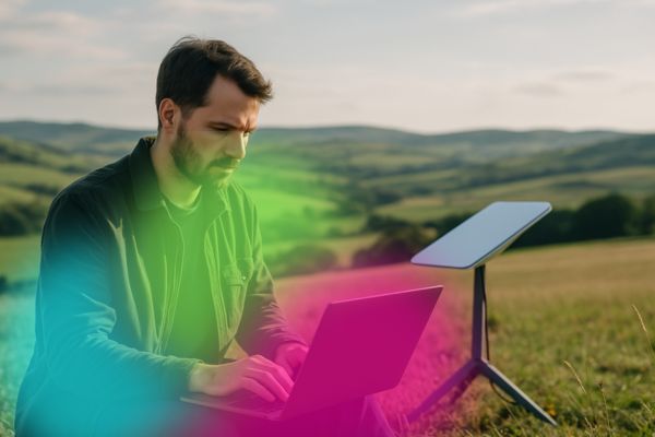 Reliable business telephony solutions | Cloud & More 10 person working on a laptop outdoors in a rural setting, with a Starlink satellite dish visible nearby. The background shows rolling hills and open sky, emphasising remote location. Natural daylight, candid lifestyle vibe, professional stock-photo quality. The image should highlight modern connectivity in a place where traditional internet would be impossible.