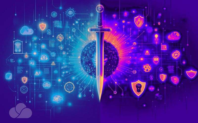double edge sword highlighting the dual nature of AI in cyber security with a double-edged sword symbolizing the benefits and risks