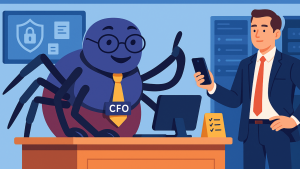 Hosted Voice 11 illustration of scatterspider impersonating a CFO to trick a help desk into resetting a privileged account, showing the risk of social engineering and over-privileged access in cybersecurity.