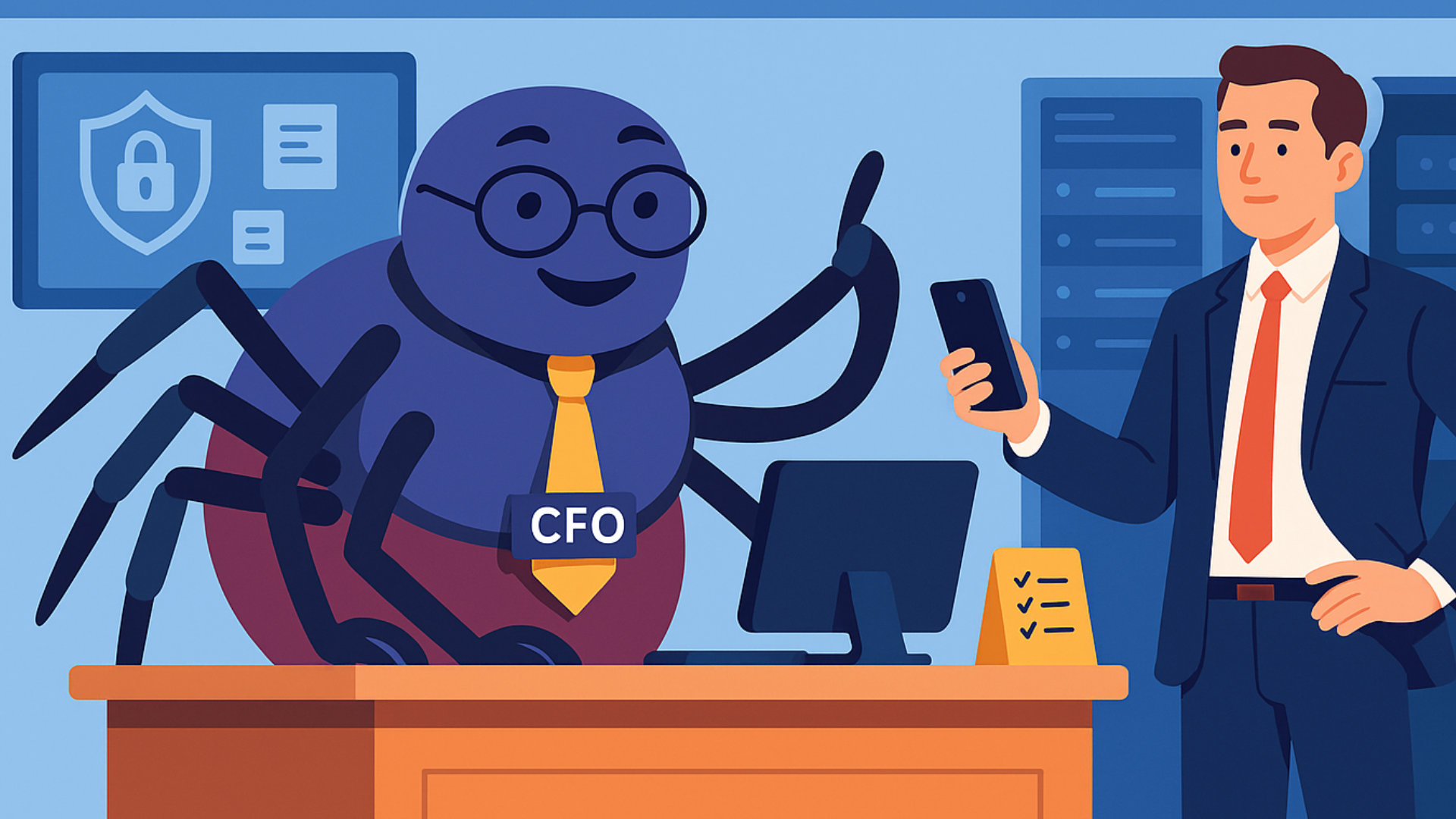 PC / Laptop Protection (EDR) 7 illustration of scatterspider impersonating a CFO to trick a help desk into resetting a privileged account, showing the risk of social engineering and over-privileged access in cybersecurity.
