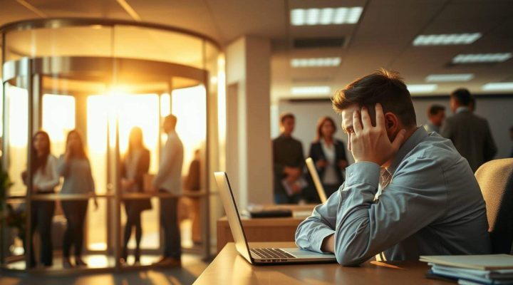 frusted office worker with a c constant stream of IT proffessionals in a revolving door