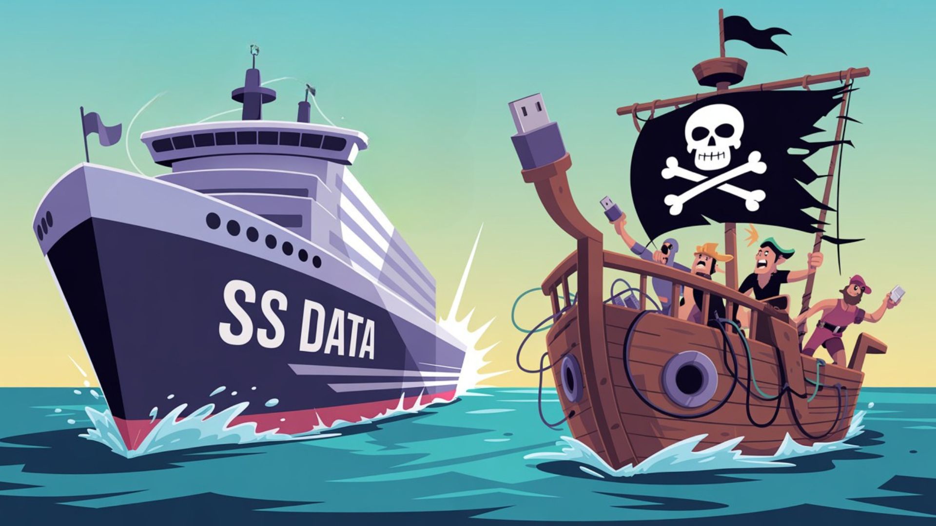 PC / Laptop Protection (EDR) 9 Illustration of a cyber pirate ship confronting a modern data ship named SS DATA, symbolising ransomware threats targeting secured business systems
